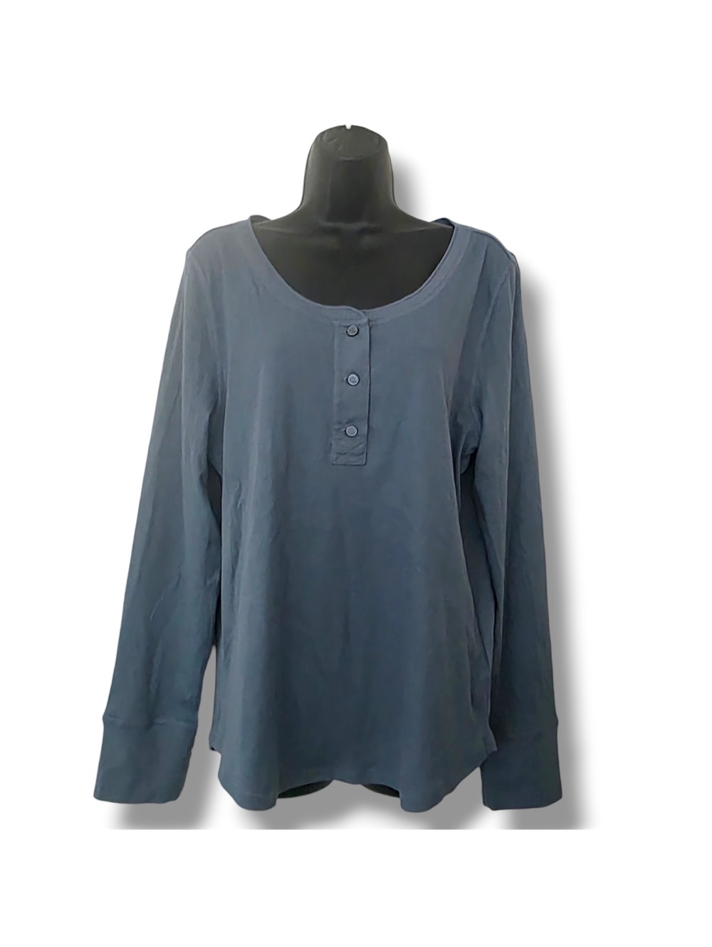 Lauren Ralph Lauren Women's Blue XXL Long-Sleeve Rib-Knit Henley Top